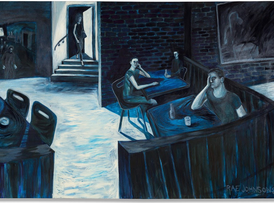 Rae Johnson, <em>Night Games at the Paradise</em>, 1984. oil on canvas, 84 x 132 inches (213 x 335.28 cm). Courtesy Christopher Cutts Gallery.