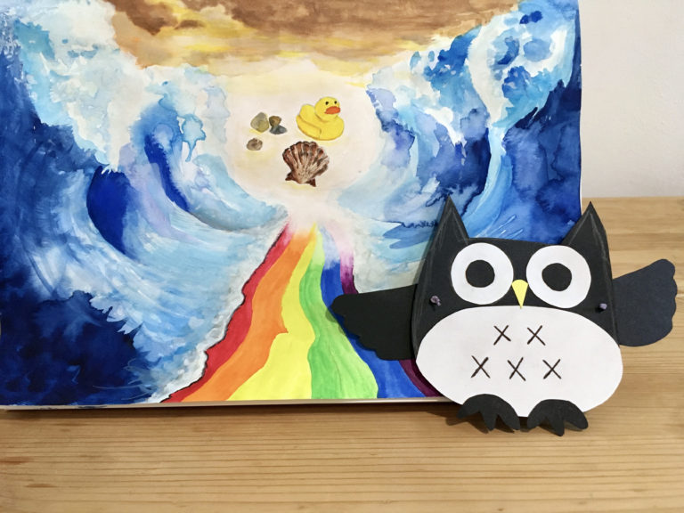 Alvis Choi’s art for their two-year-old friend, a painting inspired by the toddler’s quote, “Do you prefer this side?,” and paper owl with movable wings.