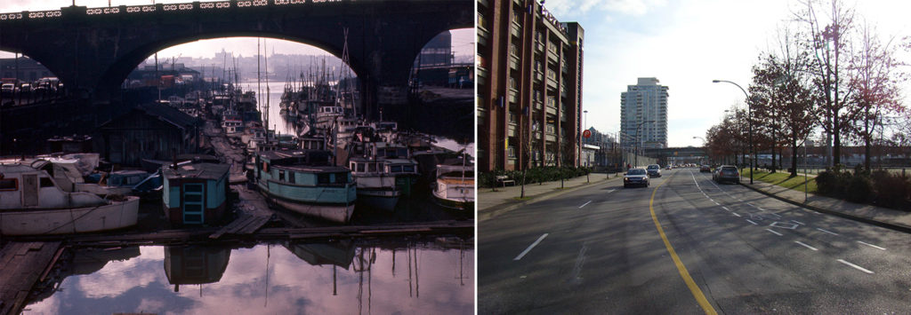 Two views of the site of Laiwan’s <em>Fountain: the source or origin of anything</em> (photographic mural), 2014. At the same location at Keefer and Columbia Streets, Vancouver, photos show the Georgia Viaduct and False Creek waters in 1961 (photographer unknown) and 2011 (photo: Keith Freeman).