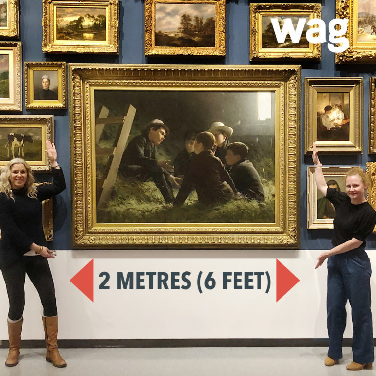 An image the Winnipeg Art Gallery posted to social media during reopening week, with the caption “We ask that all of our visitors adhere to physical distancing protocols while visiting the gallery—2 metres, or the length of <em>The Story</em>, by George Agnew Reid.” Photo: WAG.