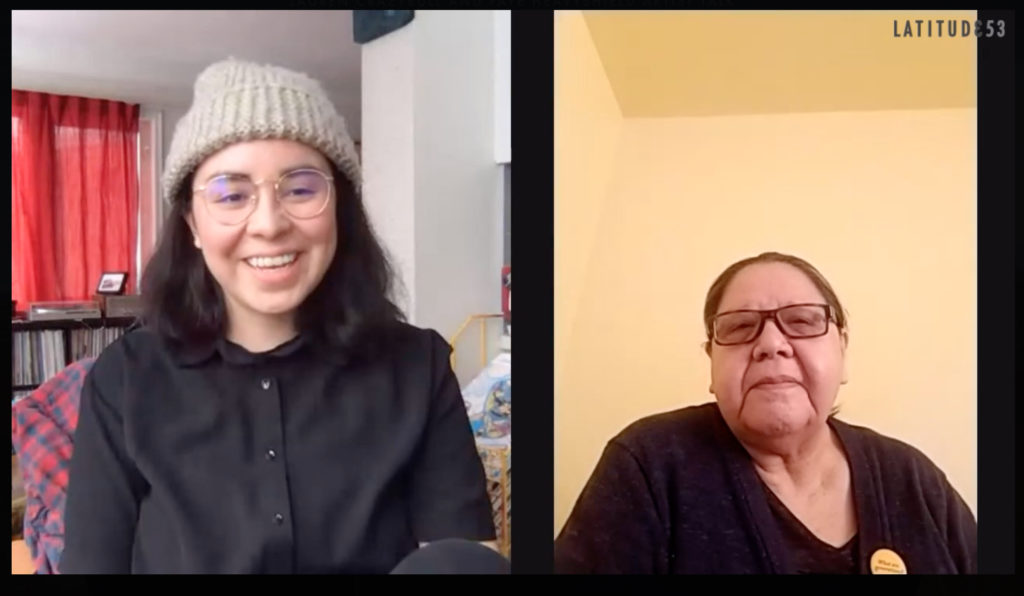 Artists Lauren Crazybull and Faye HeavyShield during a livestreamed talk with Latitude 53 on March 14, 2020.