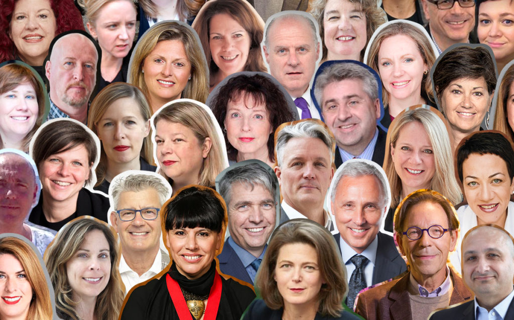 Image collage by Bridget Moser, showing directors and CEOs, board presidents and some senior executives from Canada’s four largest art museums, 2020.