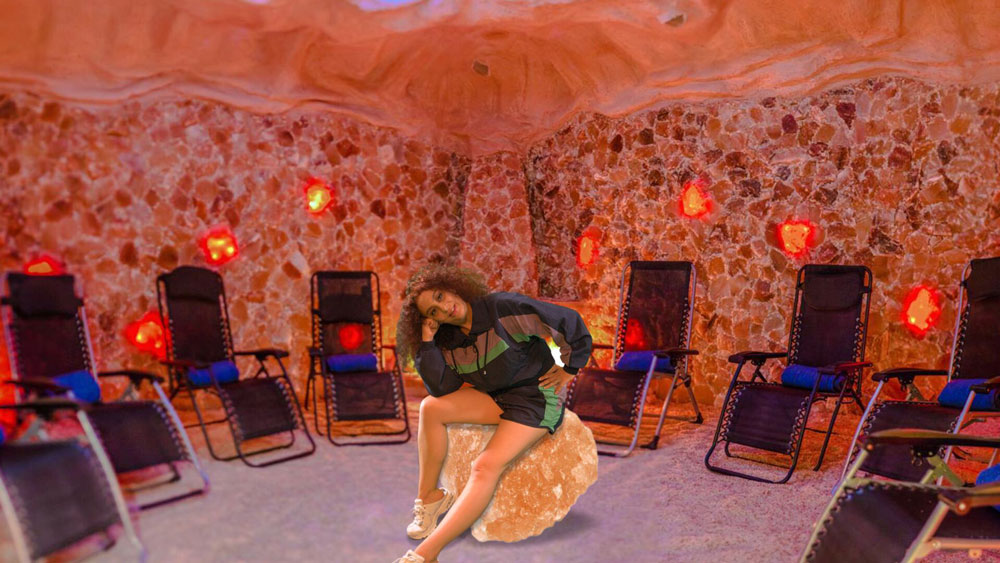 Lisa Smolkin, <em>Is There Room for the Meek?</em>, 2018. 
Video screenshot of Smolkin in a salt cave, a place of relaxation.