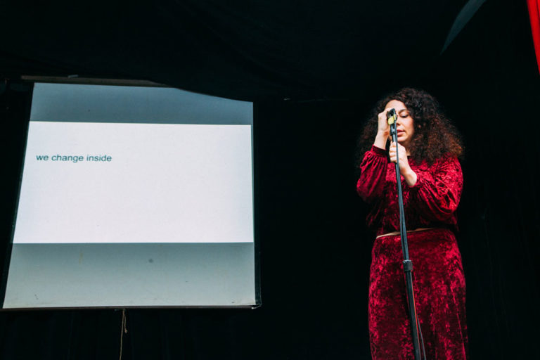 Lisa Smolkin, <em>Cutting Edge Wardrobe</em>, 2014. An interactive performance at Doored 18, Double Double Land, Toronto. Photo: Yuula Benivolski.
 