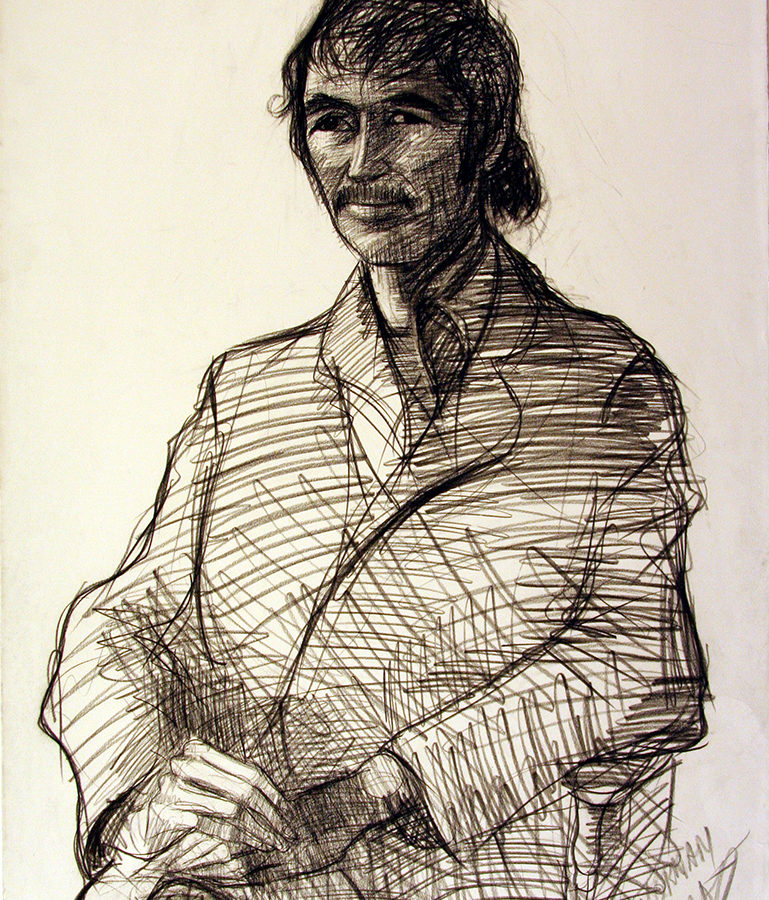 Moe Reinblatt, Portrait of Norman McLaren, 1975, charcoal on paper, 100.0 x 70.0 cm. Gift of Lillian Reinblatt, 2011. Collection of Confederation Centre Art Gallery, CAG 2011.3.3