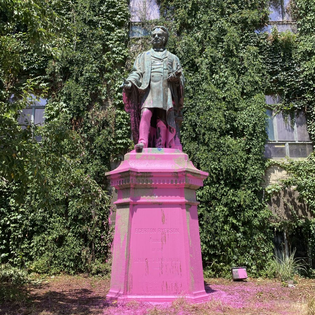 View of the Black Lives Matter Toronto intervention on a Egerton Ryerson monument on Bond Street, July 2020. Photo: Michèle Pearson Clarke / Instagram @mpclarke.