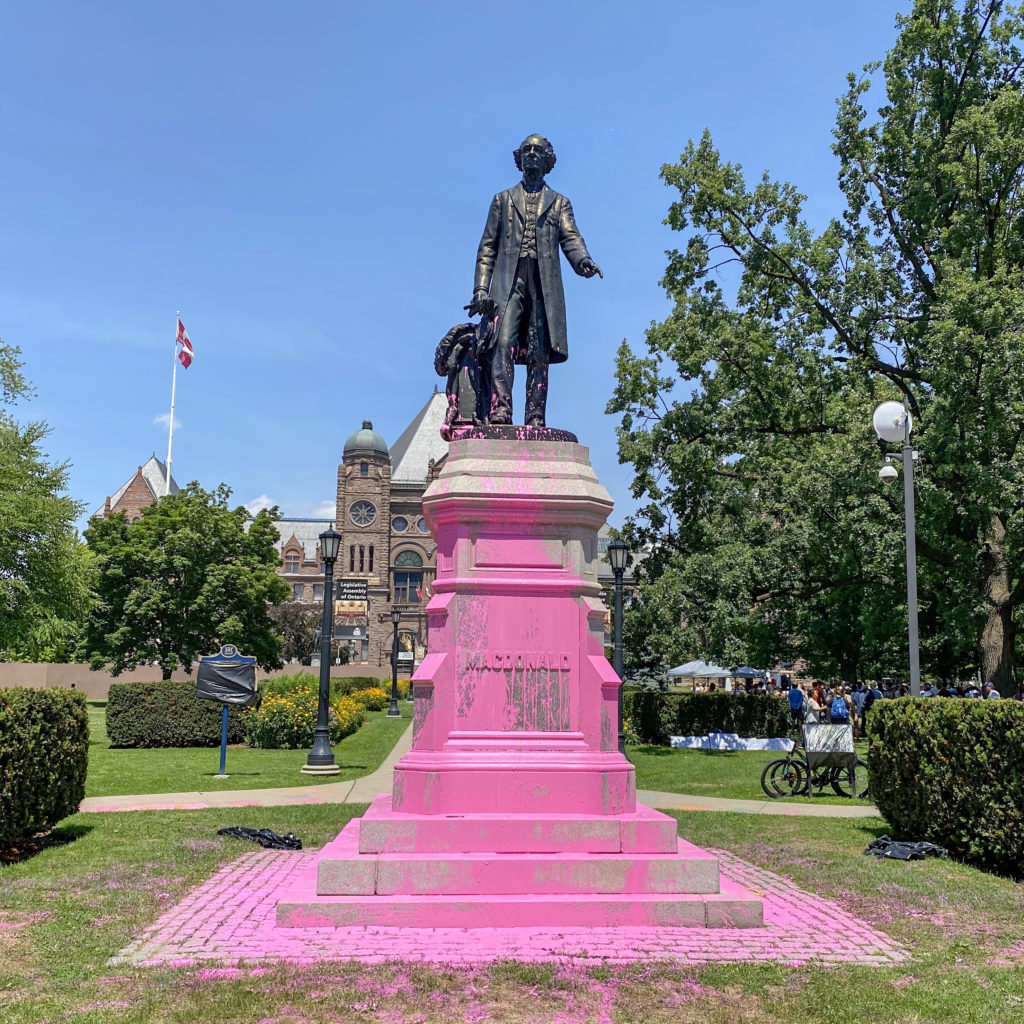 View of the Black Lives Matter Toronto intervention on a John A. MacDonald monument in Queen’s Park, July 2020. Photo: Michèle Pearson Clarke / Instagram @mpclarke.