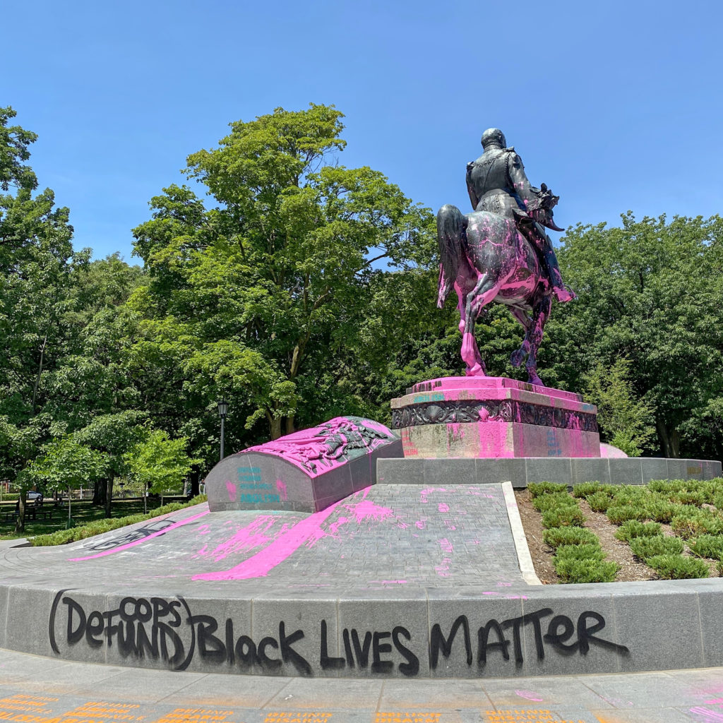 View of the Black Lives Matter Toronto intervention on a King Edward VII equestrian monument in Queen’s Park, July 2020. Photo: Michèle Pearson Clarke / Instagram @mpclarke.