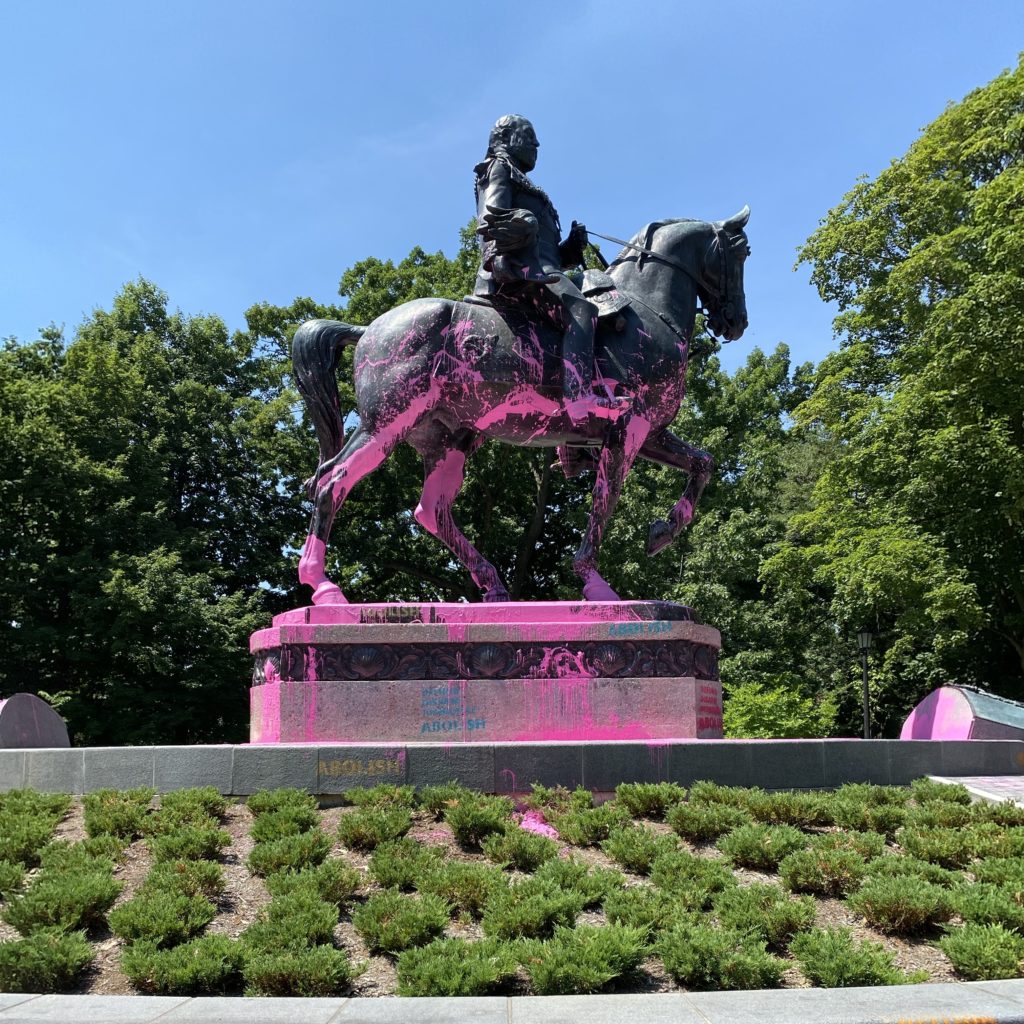 View of the Black Lives Matter Toronto intervention on a King Edward VII equestrian monument in Queen’s Park, July 2020. Photo: Michèle Pearson Clarke / Instagram @mpclarke.