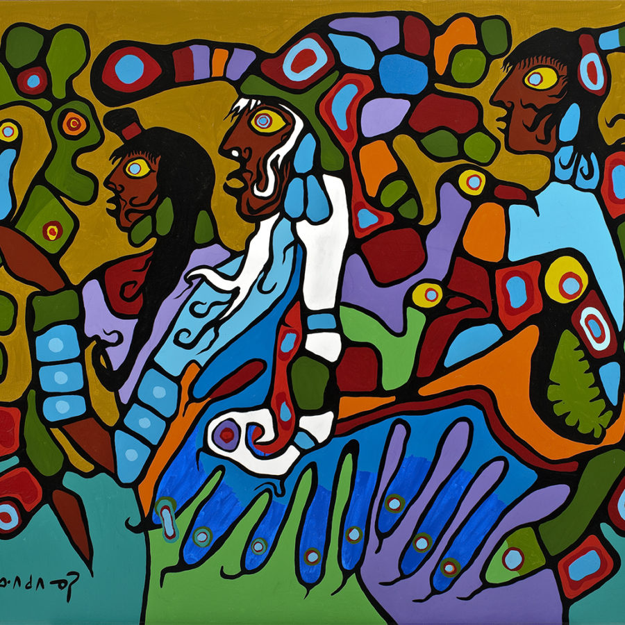 Norval Morrisseau (1932 – 2007), Shaman and Disciples, 1979 acrylic on canvas 180.5 x 211.5 cm, Purchase 1979, McMichael Canadian Art Collection