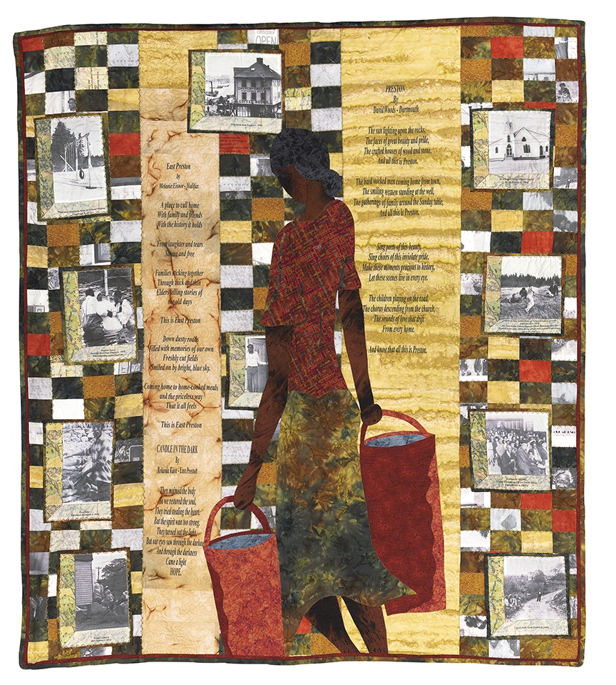 <em>Preston </em>, 2007. Designed by David Woods and quilted by Laurel Francis. Pieced, appliquéd, machine- and hand-stitched, hand-dyed quilt with photo transfers, 1.47 x 1.32 m. Images on quilt courtesy the Black Artists Network of Nova Scotia.