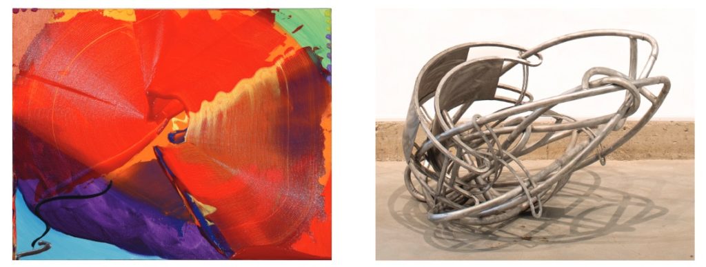 Joseph Drapell, <em>
Eight Minutes Three Seconds</em> (2019) (left) and Henry Saxe, <em>Foot Ball</em> (1991) (right), part of DRAPELL / SAXE at 13th Street Gallery, St. Catharine's. 13thstreetgallery.com