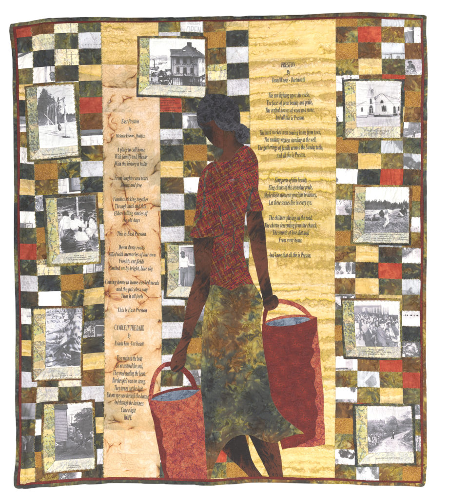 <em>Preston</em>, 2007. Designed by David Woods. Quilted by Laurel Francis. Pieced, appliquéd, machine- and hand-stitched, hand-dyed quilt with photo transfers, 1.47 x 1.32 m. Images on quilt courtesy the Black Artists Network of Nova Scotia.