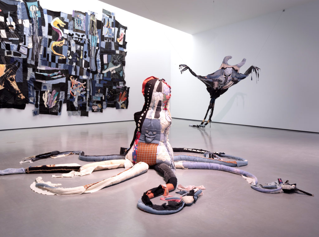 Installation view of Tau Lewis’s (clockwise, from centre) <em>Miracle of the deep sea</em>, <em>The Coral Reef Preservation Society</em> and <em>Devil Ray</em> (all 2019) at the Yorkshire Sculpture International, 2019. Courtesy Hepworth Wakefield, West Yorkshire. Photo: Lewis Ronald.