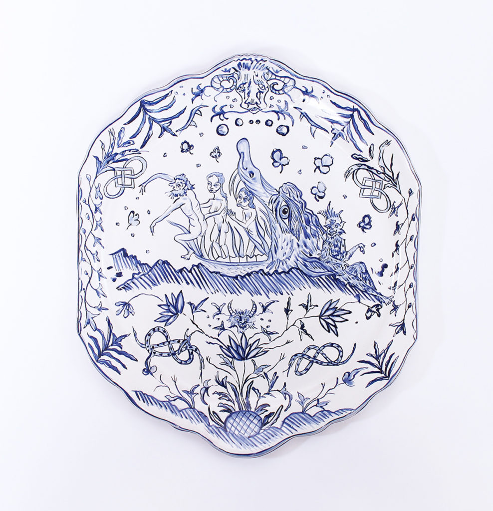 Lindsay Montgomery, <em>Springtime on the Hellmouth</em>, 2020. Tin-glazed earthenware, 34.3 x 29.2 x 3.8 cm.