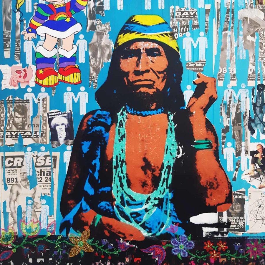 Levi Nelson, Two-Spirited Medicine Man Named Old Doctor, 2020. Acrylic, silkscreen and collage on canvas