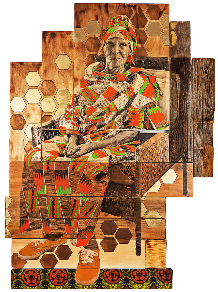 Shanna Strauss, <em>Bee Keeper</em>, 2019. Photo transfer, acrylic, fabric and woodburning on found wood, 1.34 m x 91.4 cm. Photo: Catherine Quinn.