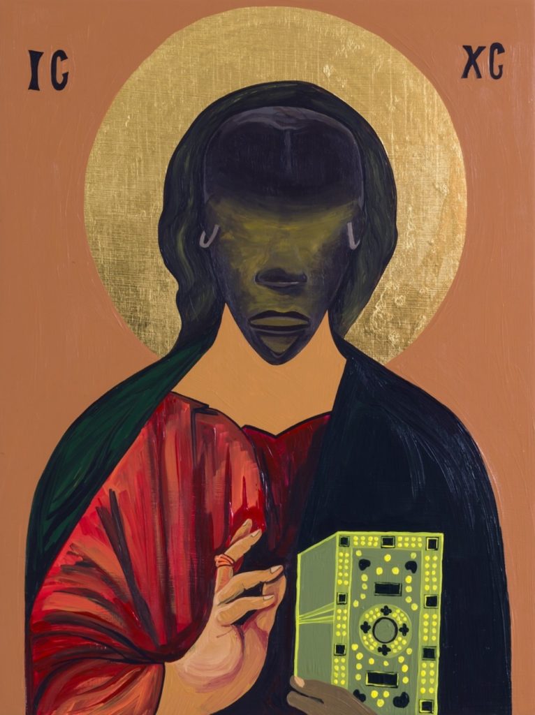 Moridja Kitenge Banza, <em>Christ Pantocrator No 13</em>, 2020. Acrylic and gold leaf on wood, 40 x 30 cm. Collection Art Gallery of Ontario, purchased with assistance from the Christian Claude Fund. Photo courtesy Galerie Hugues Charbonneau.