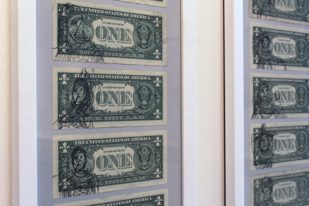 Nahed Mansour, <em>Importing Little Egypt</em>, 2018–19. 100 Carbon transfer drawings on 100 $1 bills. Exhibition view at Hamilton Artists Inc. Photo: Abedar Kamgari.