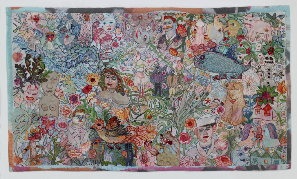 Anna Torma, <em>Party with Dionysos 2</em>, 2020. Hand embroidery on silk, 105 cm x 1.8 m. Photo: Istvan Zsako.