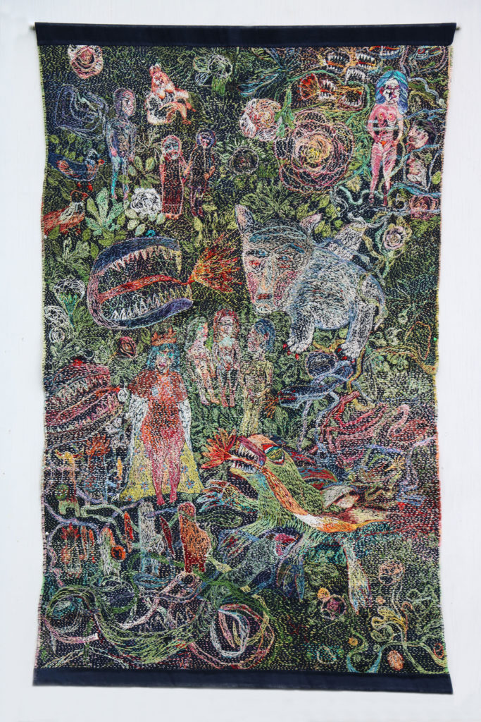 Anna Torma, <em>Permanent Danger</em>, 2017. Hand embroidery on linen, 2.06 x 1.25 m. Photo: Istvan Zsako. 