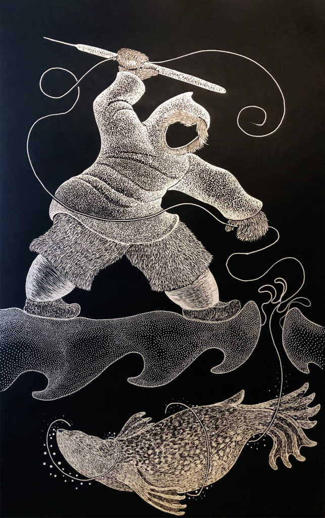 Jason Sikoak, <em>Seal Hunter</em>, 2019. Felted paint on black paper, 101.5 x 66 cm.