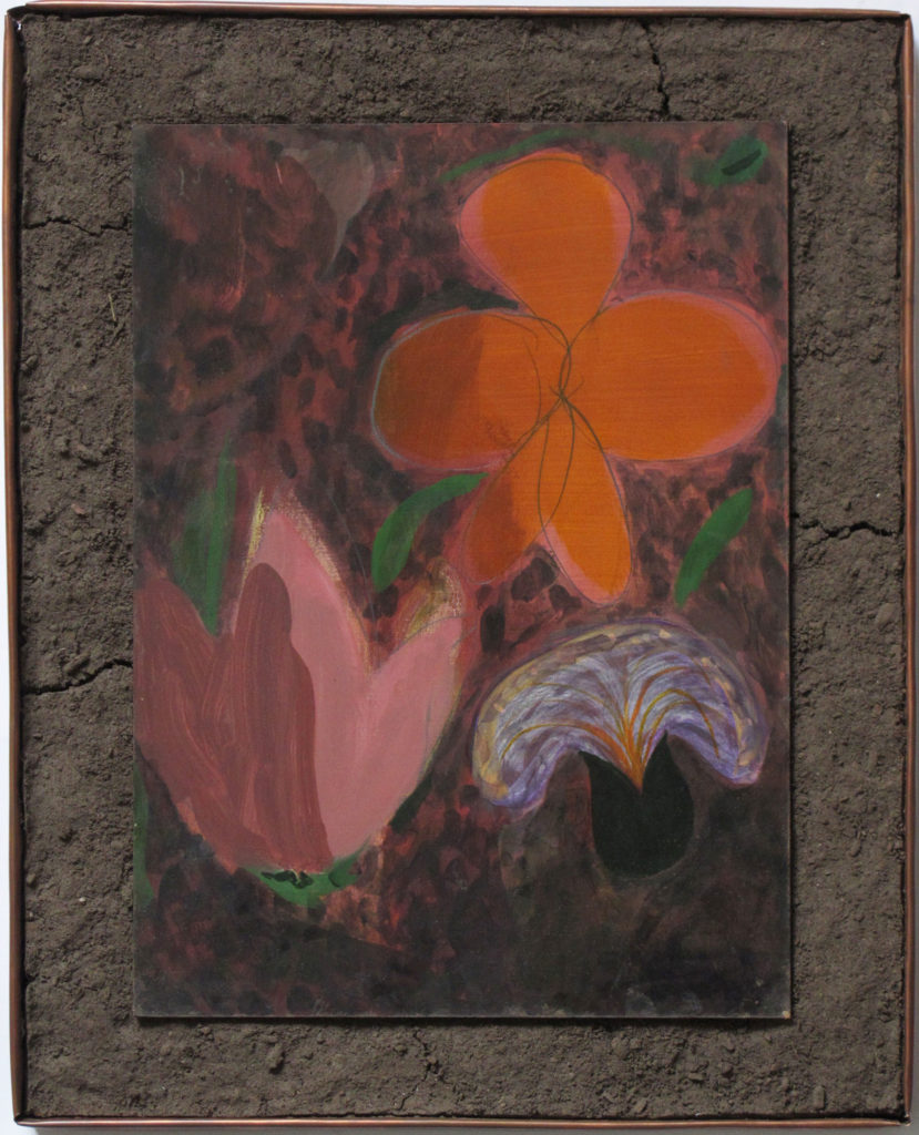 Cadence Planthara, <em>untitled (flowers soil painting)</em>, 2018. Unfired foraged Toronto
clay, coconut coir, copper, acrylic, graphite and oil on board, 51 x 44 x 4 cm.