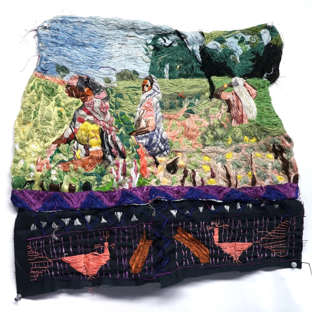 Jagdeep Raina, <em>Let me taste purple silk monsoons in these bathinda fields</em>, 2020. Embroidered tapestry, Sainchi Phulkari on muslin, 45.7 x 50.8 cm.