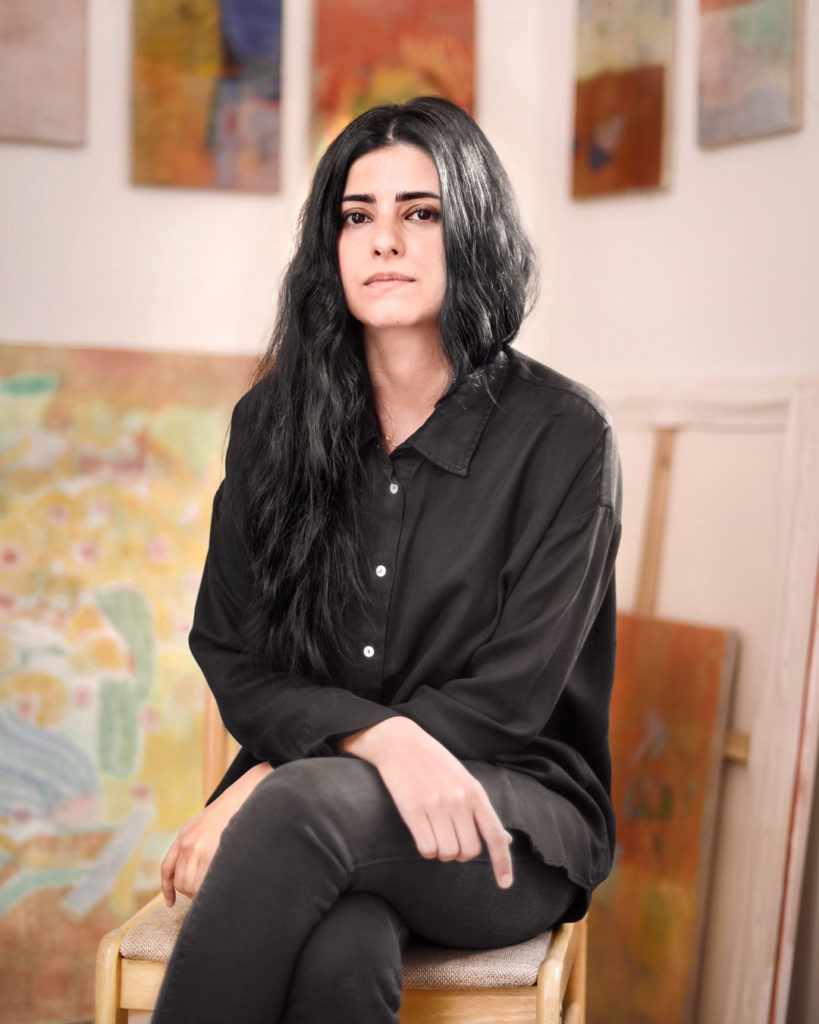 Painter Azadeh Elmizadeh, winner of the 2020 Plaskett Award, in her studio. Photo Greg McCarthy.  