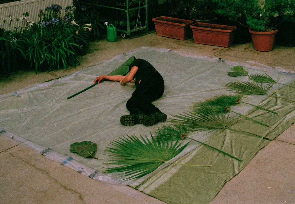 Sofia Mesa, Process view of <em>Untitled (Spider’s Swing)</em>, 2018. Cyanotype on cotton, 3 x 3 m.