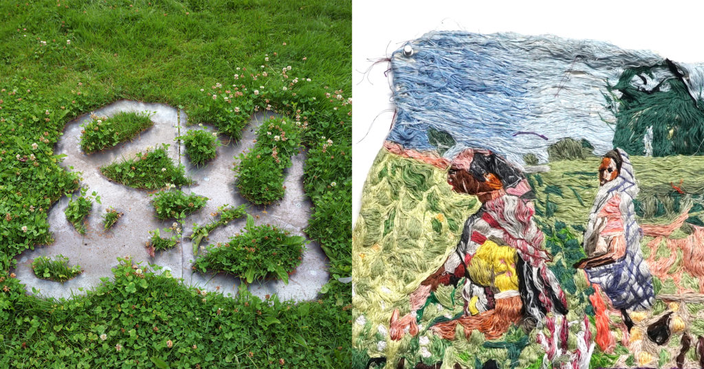 Left: Jay Pahre, <em>Skinwelt</em>, 2020-ongoing. Steel, grass, dimensions variable. Photo: Jay Pahre. Right: Jagdeep Raina, <em>Let me taste purple silk monsoons in these bathinda fields</em> (detail), 2020. Embroidered tapestry, Sainchi Phulkari on muslin, 45.7 x 50.8 cm.