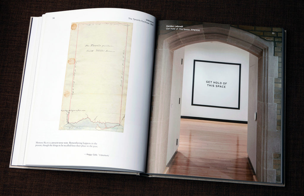 Inside pages from <i>Form Follows Fiction</i> with images of (from left) an 1805 map of the Toronto Purchase and Gordon Lebredt's <i>Get Hold of This Space</i>, 1974/2010.