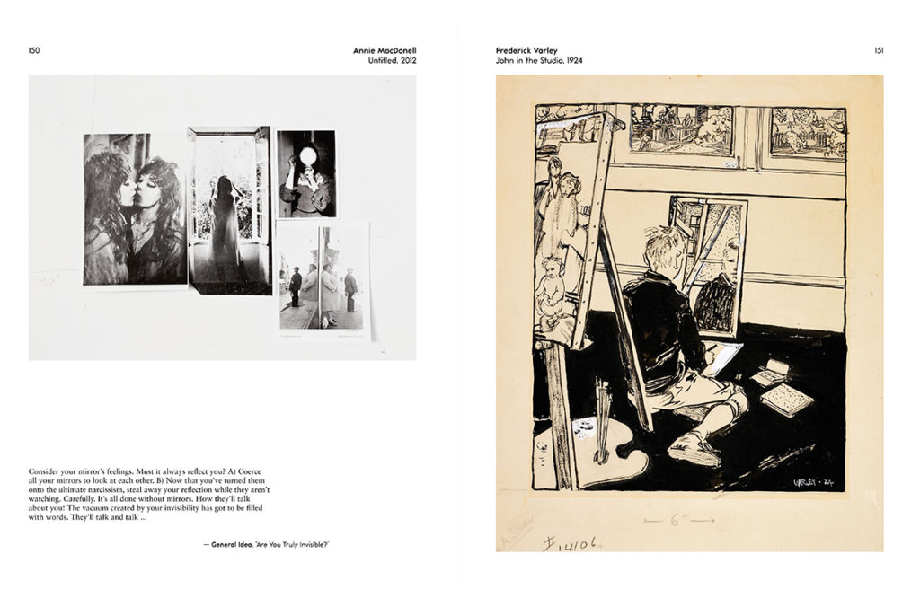 Inside pages from <i>Form Follows Fiction</i> with images of (from left) Carl Beam's <i>Self-Portrait in My Christian Dior Bathing-Suit</i>, 1980, and Joanne Tod's <i>The Magic of Sao Paulo</i>, 1985.