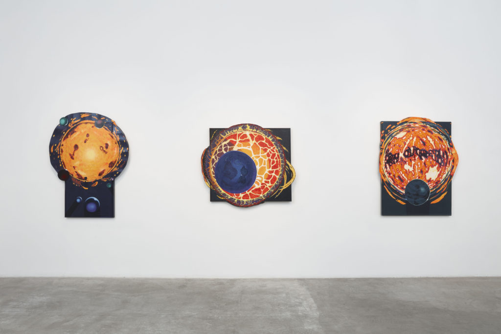 Exhibition view of “Eternal Witness,” 2021, with <em>Minor Sun</em> paintings. Courtesy the artist and Luis De Jesus Los Angeles.