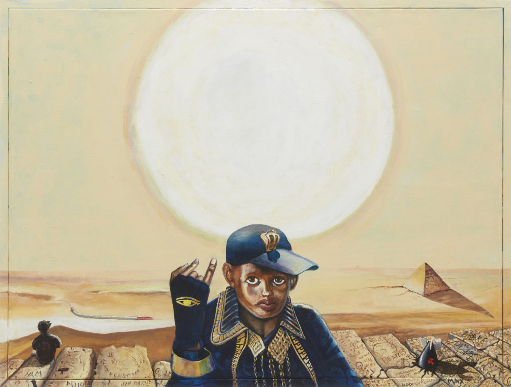 Jim Adams, <em>Nubian Express (Little Pharaoh)</em>, 2019. Acrylic on canvas and hand-painted artist frame, 76.2 x 101.6 cm. Courtesy the artist and Luis De Jesus Los Angeles.