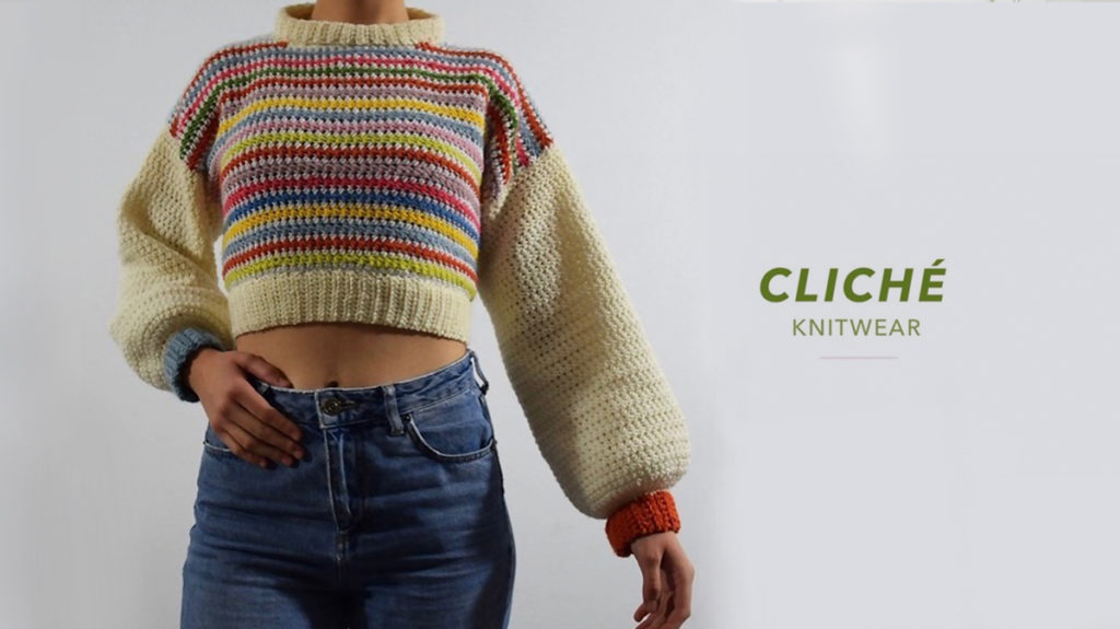 New Brunswick College of Craft and Design textile student Natasha Cliché modelling Cliché Knitwear