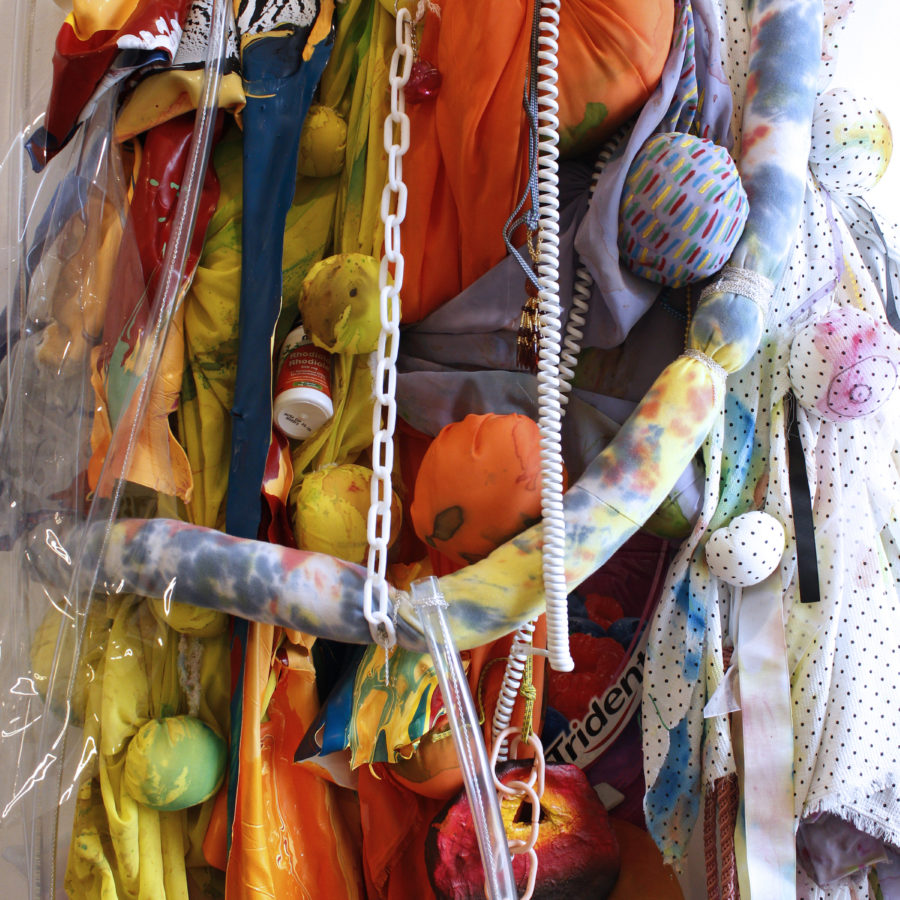 Past peels cover what i can’t/ the sum of all spills (a heavy portal remix), by Lauren Prousky (photo by Karice Mitchell), found objects, chiffon, acrylic, stuffing, house paint, PVC, 2018-2021, photo courtesy of the artist