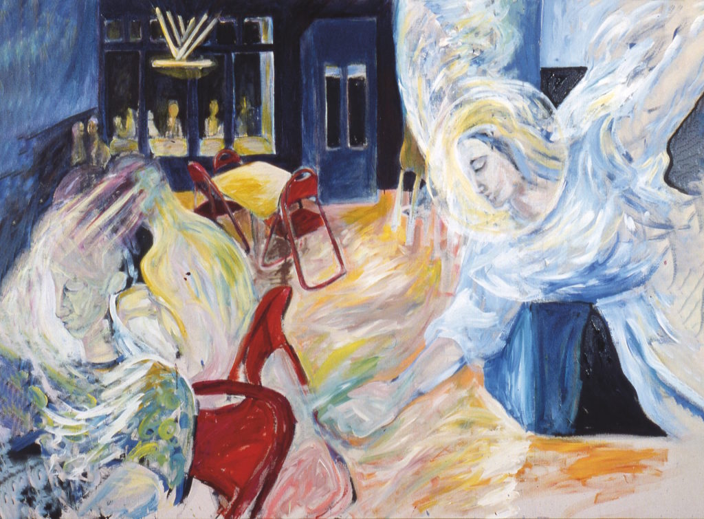 Rae Johnson, <em>Angels in the Oranien Bar</em>, 1983. Acrylic on canvas, 1.9 x 2 m. Courtesy Christopher Cutts Gallery.