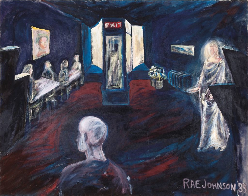 Rae Johnson, <em>Angel in the Rivoli</em>, 1983. Acrylic on canvas, 1.68 x 2.13 m. Courtesy Christopher Cutts Gallery.