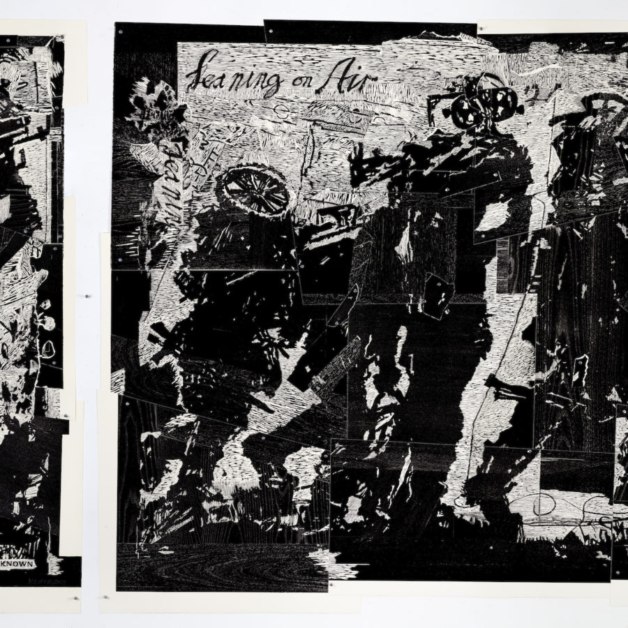 William Kentridge, Triumphs and Laments: Refugees (1 God’s Opinion is Unknown; 2 Leaning on Air), Relief printed from 26 woodblocks, 188 x 350 cm (74 x 138"), Made from 77 individual printed sheets, adhered by 136 aluminum pins.