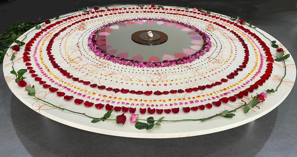 Chrysanne Stathacos, <em>The Three Dakini Mirrors (of the body speech and mind)</em>, red mandala, 2021. Installation at the Gwangju National Museum, part of the 13th Gwangju Biennale. Photo: Subin Cho. 
