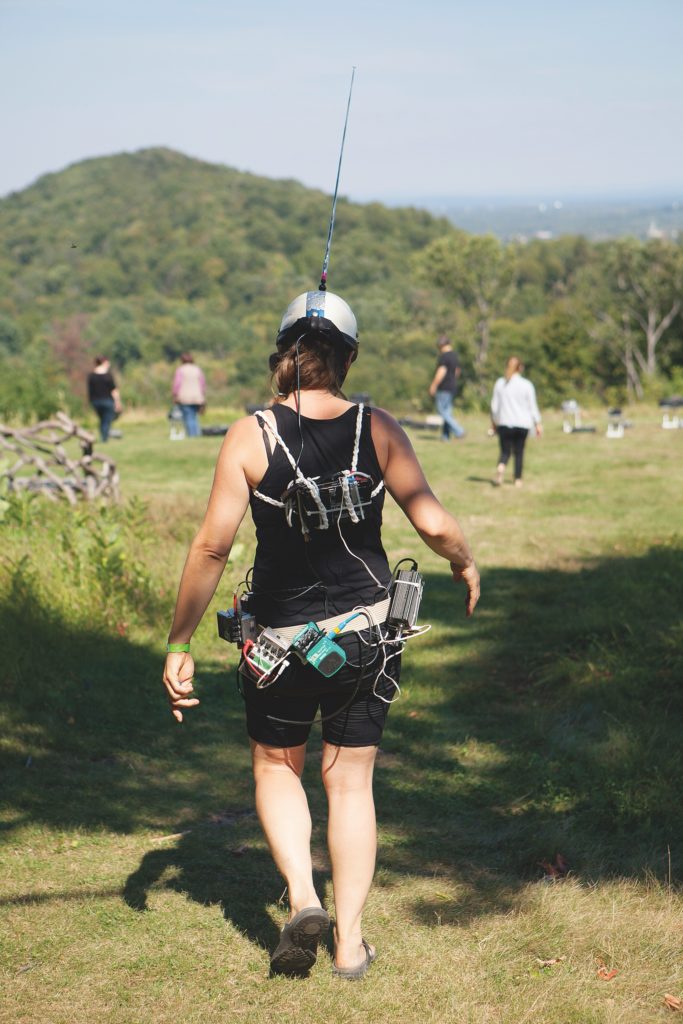 Gambletron performing <em>Siren: Multi-tonal AM Radio Theremin Drone Oscillator with Transmission</em> at Olana State Historic Site, New York, in 2015. Courtesy Wave Farm, Hudson, New York. Photo: Alon Koppel.