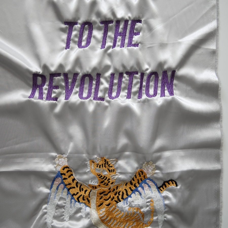 Karen Tam, 'Success to the Revolution', embroidery on satin, 2021.