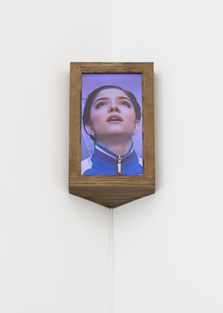 Noah Friebel, <em>Kiss and Cry</em>, 2018. Digital Display, Media Player, Wood, 9 min 31 sec. Collection of Claudia Beck and Andrew Gruft. © Noah Friebel